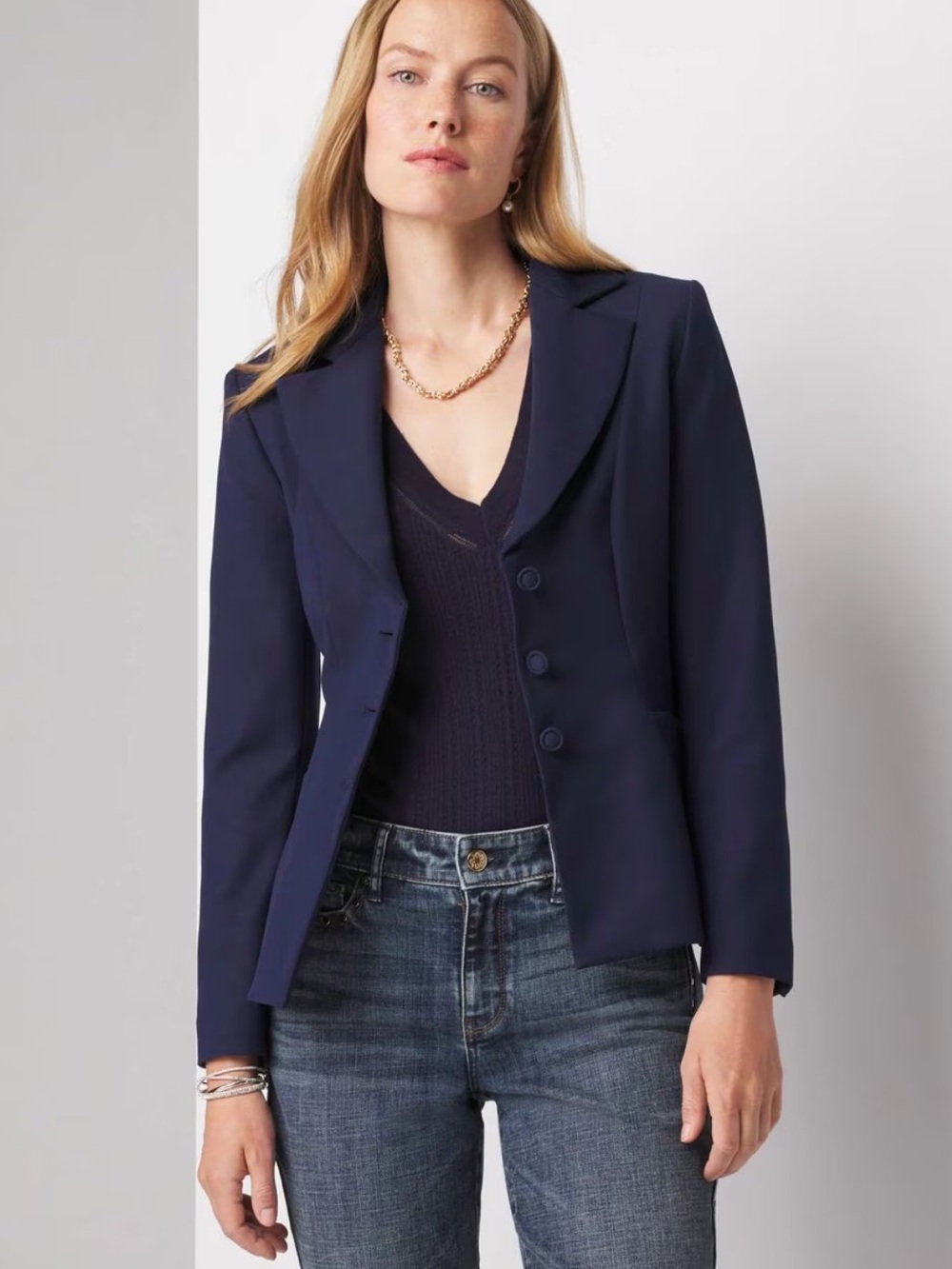 WHBM 3-Button Signature Blazer navy tailored stretch office women 14 career NWOT